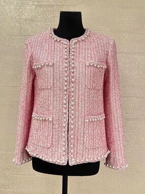 Designer-style Pink Metallic Tweed Pearl-Trim Jacket